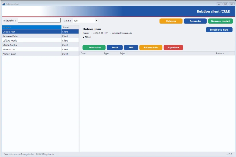 Magelan Marina — Relation client (CRM) : liste de contacts, fiche client, historique, boutons Interaction, Email et SMS