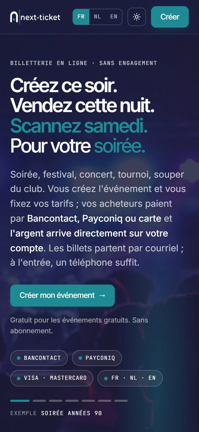 Premier écran de next-ticket.be sur un téléphone